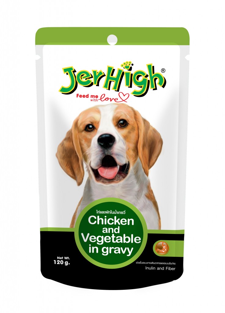 Jerhigh Chicken and vegetable in gravy pouch 120g เจอร์ไฮ ไก่และผักในน้ำเกรวี่ แบบซอง ขนาด 120 กรัม