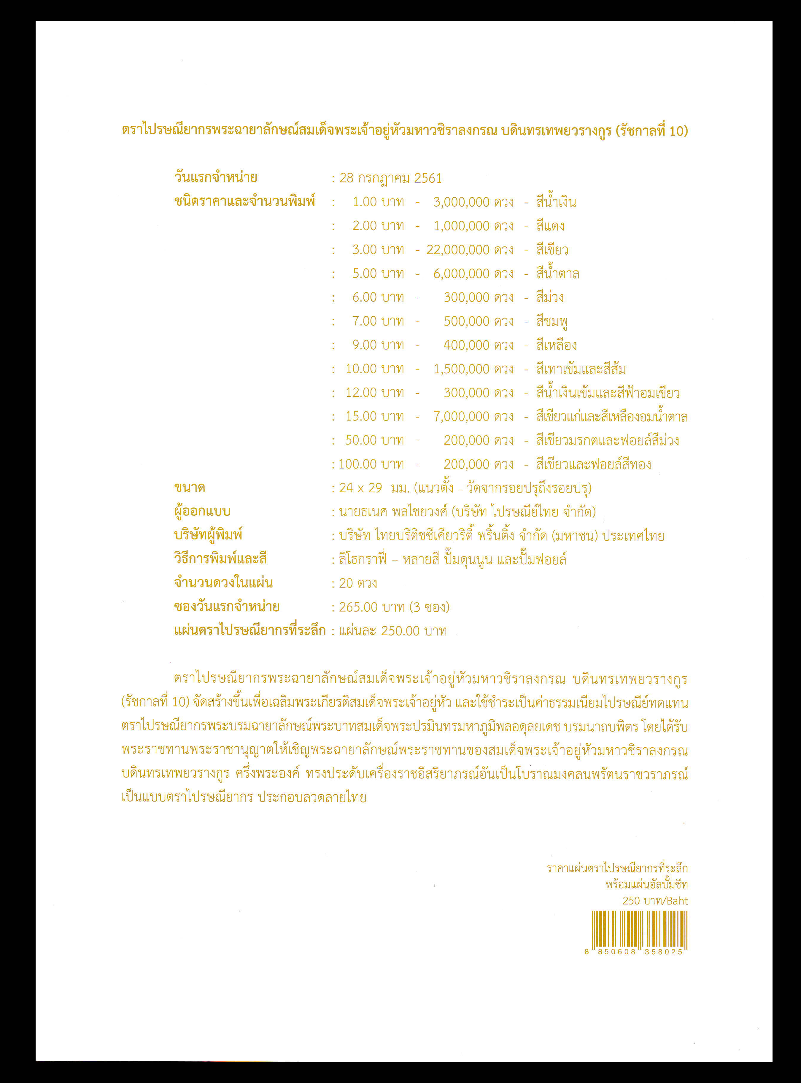 แผ่นที่ระลึก ชีทพระบรมฉายาลักษณ์ สมเด็จพระเจ้าอยู่หัว มหาวชิราลงกรณ (ร.10) เลขตอง (111 222 333 444)