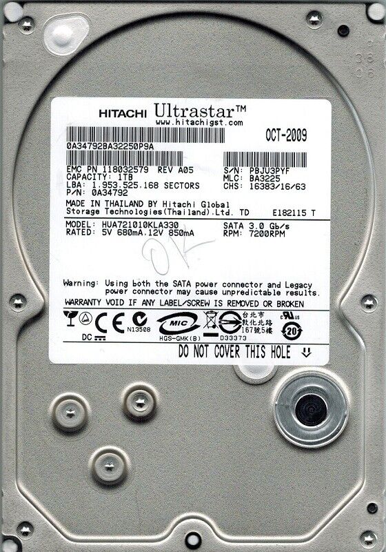 Hitachi Ultrastar 1TB 7.2K 3G SATA 3.5" Hard Drive EMC // 118032579 / HUA721010KLA330 / P/N 0A34792 (Used) // สินค้ารับประกัน โดย บริษัท อะไหล่เซิร์ฟเวอร์ จำกัด