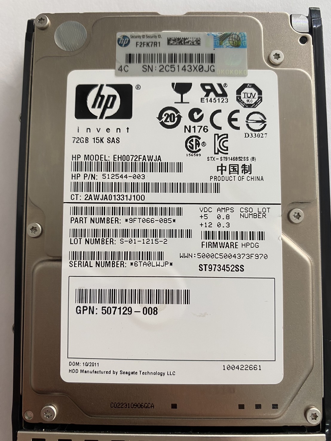 HP 72GB 15K 6G SAS DP 2.5'' Hard Drive No Tray // HDD 512544-003 / GPN 507129-007 / EH0072FAWJA / ST973452SS / 9FT066-085 (Used) // สินค้ารับประกัน โดย บริษัท อะไหล่เซิร์ฟเวอร์ จำกัด