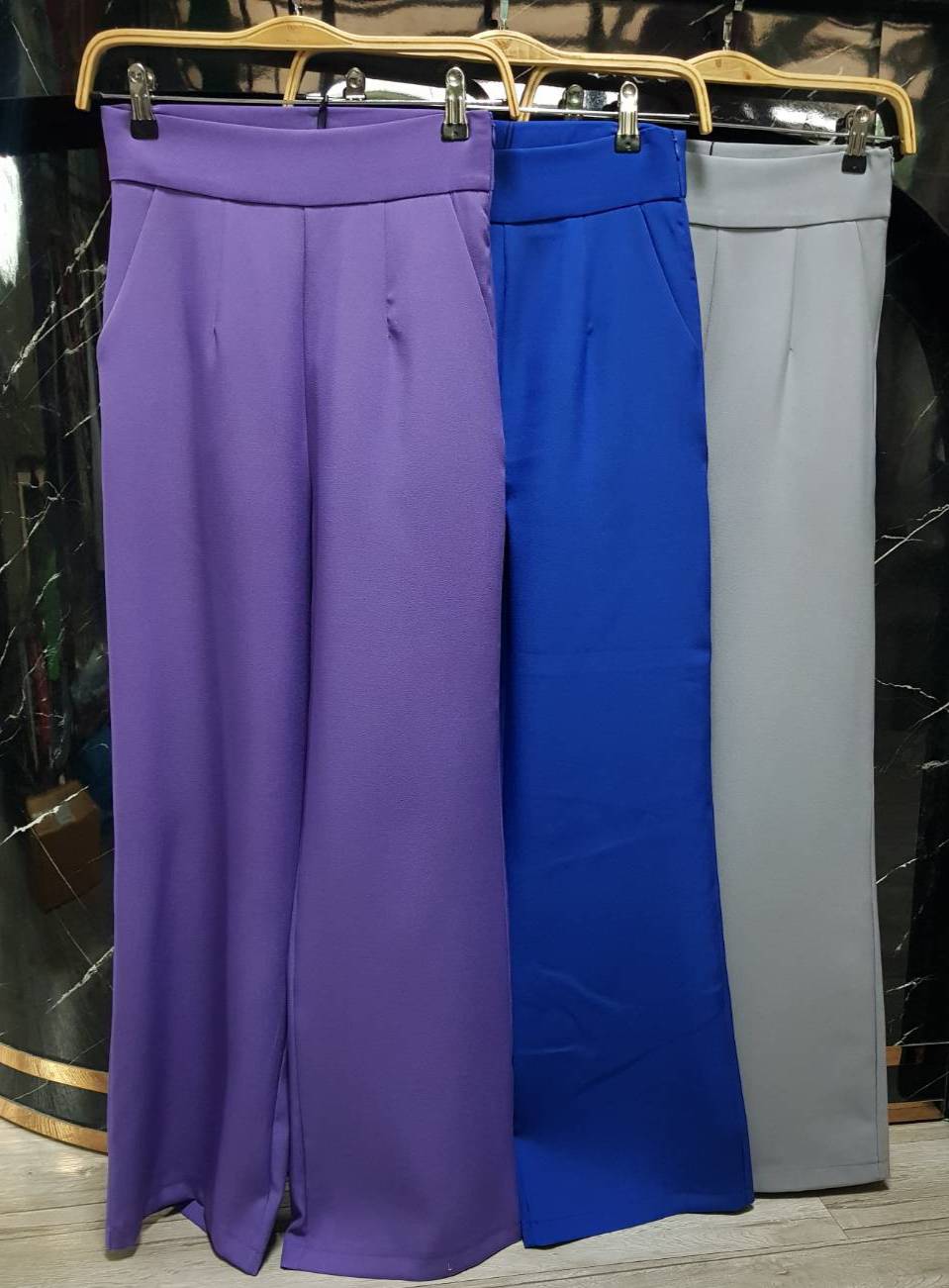 No.2259-2 กางเกงทำงานเอวสูงขากระบอกใหญ่ สีม่วงเข้ม/สีน้ำเงิน/สีเทา