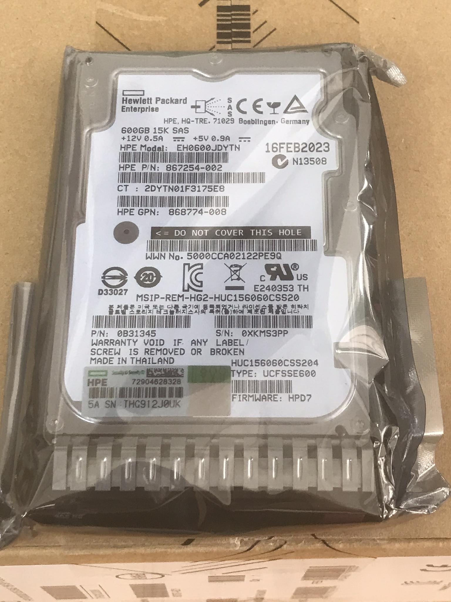 (New Inbox) HPE 600GB 15K SAS 12G 2.5" SFF HDD Hard Drive // 870757-B21 / Tray 870794-001 / HDD 867254-002 / GPN 868774-008 / 0B31345 / EH0600JDYTN // สินค้ารับประกัน โดย บริษัท อะไหล่เซิร์ฟเวอร์ จำกัด