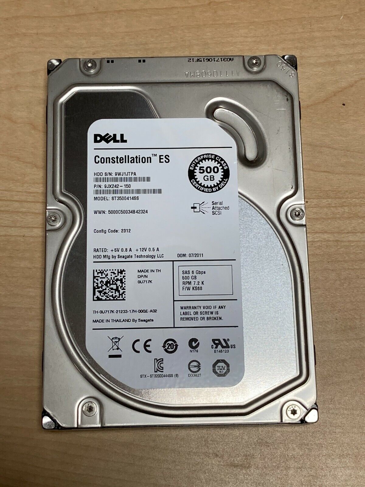 Dell 500GB 7.2K 6G SAS 3.5" Hard drive Server // 0U717K / U717K / ST3500414SS (Used) // สินค้ารับประกัน โดย บริษัท อะไหล่เซิร์ฟเวอร์ จำกัด