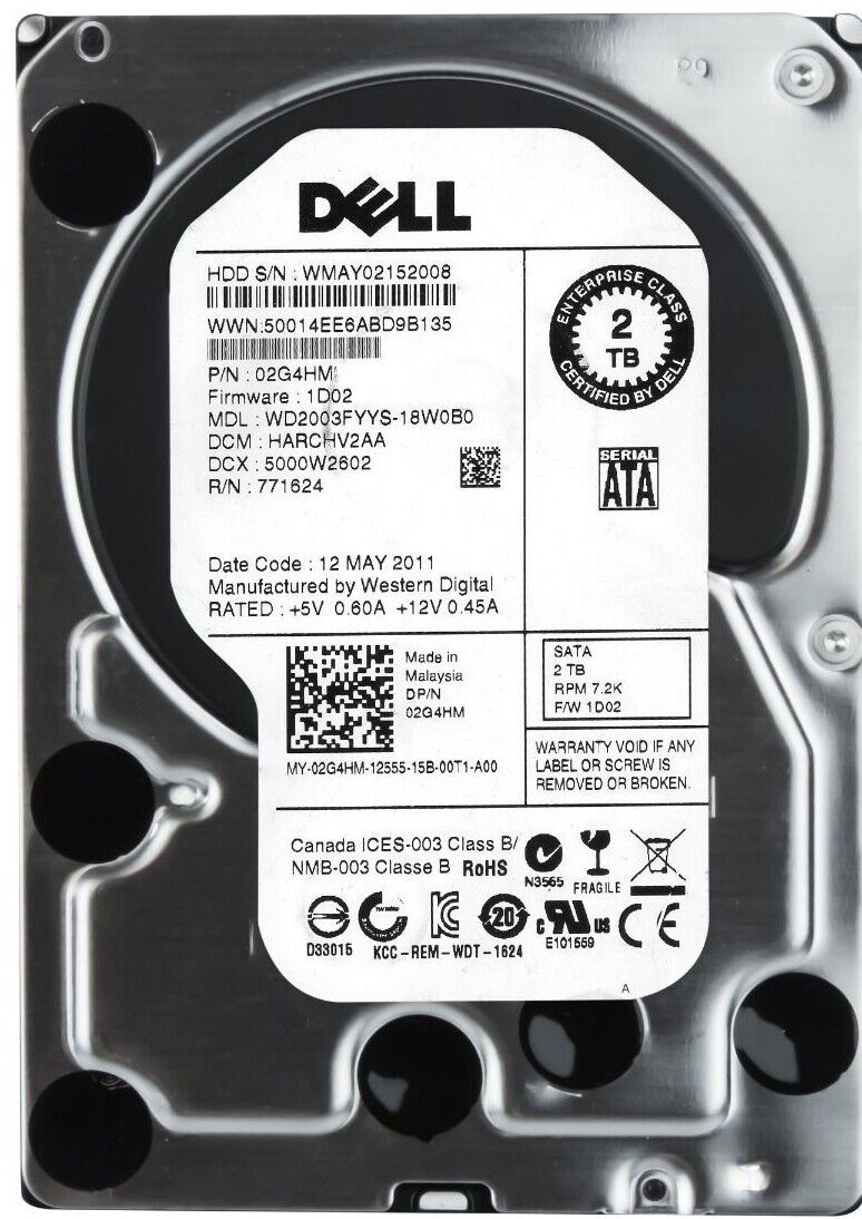 Dell 2TB 7.2K Sata 3Gb/s 64MB 3.5" Hard Drive , WD2003FYYS, 02G4HM, (USED) สินค้ารับประกัน โดย บริษัท อะไหล่เซิร์ฟเวอร์ จำกัด