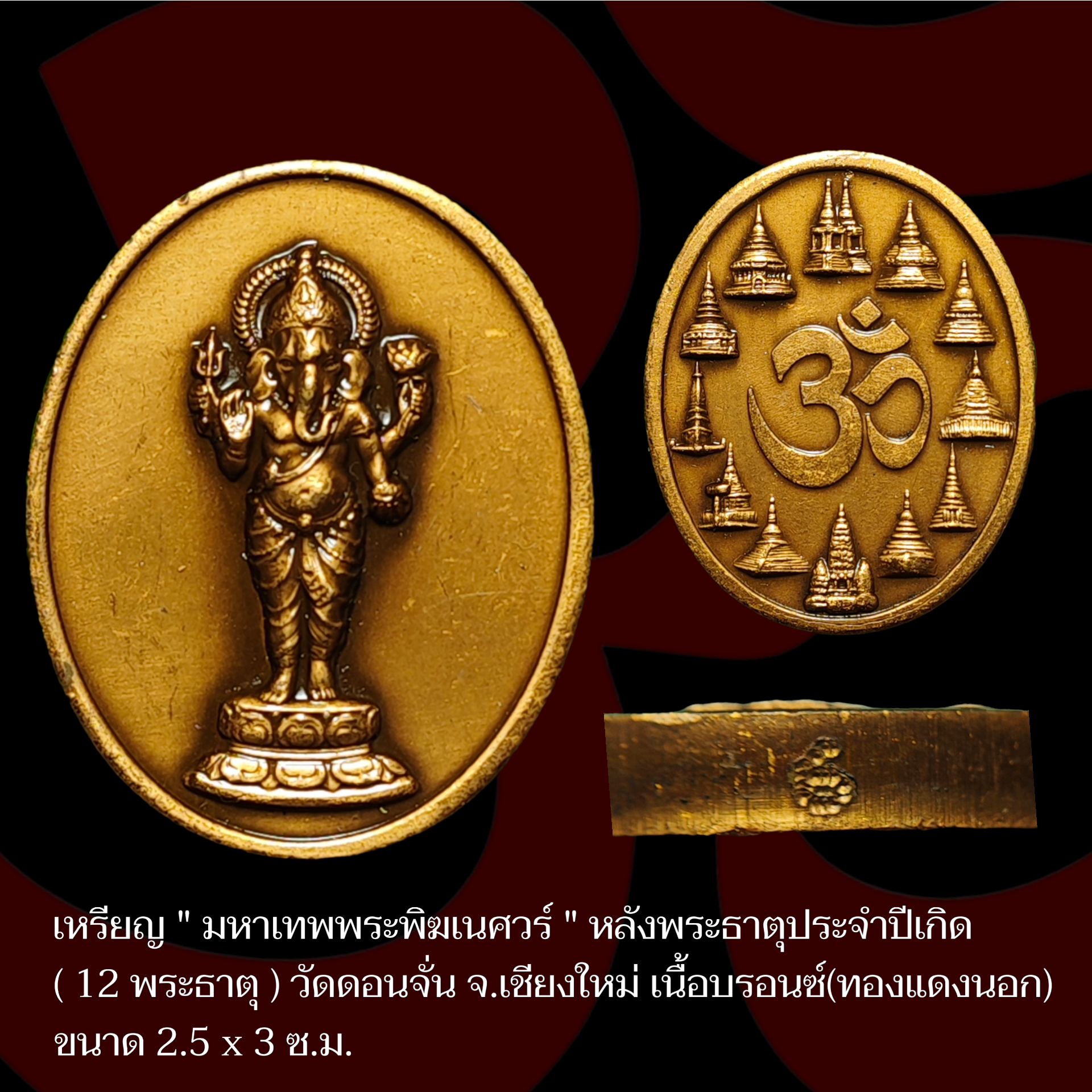 เหรียญ " มหาเทพพระพิฆเนศวร์ " หลังพระธาตุประจำปีเกิด ( 12 พระธาตุ ) วัดดอนจั่น จ.เชียงใหม่ เนื้อบรอนซ์ ( ทองแดงนอก ) ปี 2550 ขนาด 2.5 x 3 ซ.ม.