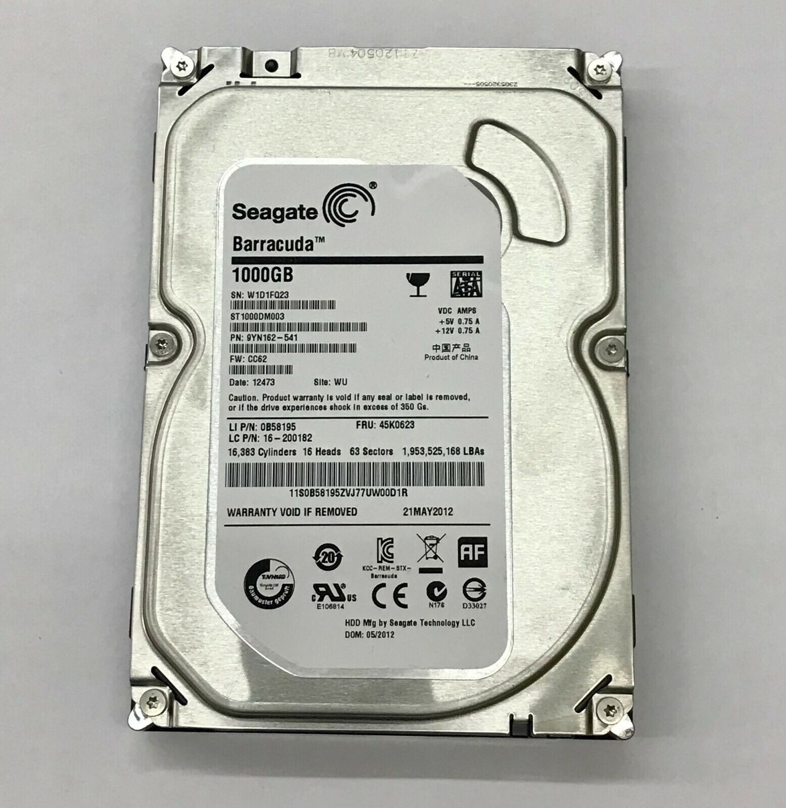 IBM / Seagate Barracuda HDD 1TB 7.2K 6Gb/s SATA 3.5" Hard Drive Desktop // FRU 45K0623 / 0B58195 / ST1000DM003 (Used) // สินค้ารับประกัน โดย บริษัท อะไหล่เซิร์ฟเวอร์ จำกัด