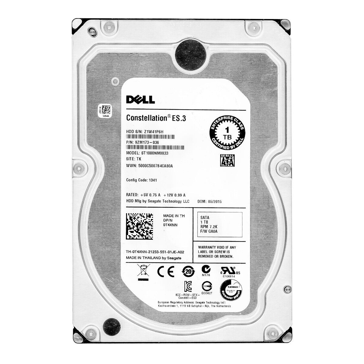 Dell 1TB 7.2K 6G SATA 128MB 3.5" Hard Drive // 0T4XNN / ST1000NM0033 / 9ZM173-036 (Used) // สินค้ารับประกัน โดย บริษัท อะไหล่เซิร์ฟเวอร์ จำกัด