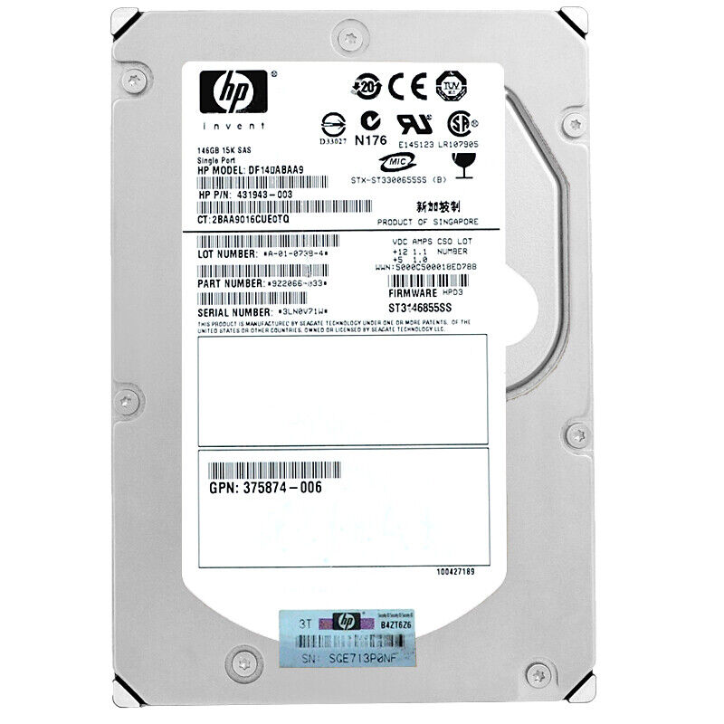 HP 146GB 15K SAS 3.5" Hard Disk // HDD 431943-003 / TRAY 376595-001 / GPN 375874-003 / DF146ABAA9 / (ST3146855SS) (Used) // สินค้ารับประกัน โดย บริษัท อะไหล่เซิร์ฟเวอร์ จำกัด