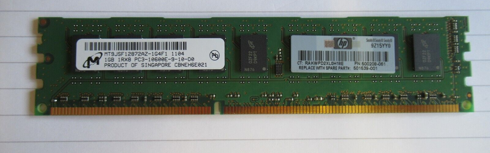 HP Micron 1GB DDR3-1333 PC3-10600E ECC 240-Pin DIMM Memory / 1GB 1Rx8 PC3-10600E / 500208-061 / 501539-001 (Used) // สินค้ารับประกัน โดย บริษัท อะไหล่เซิร์ฟเวอร์ จำกัด