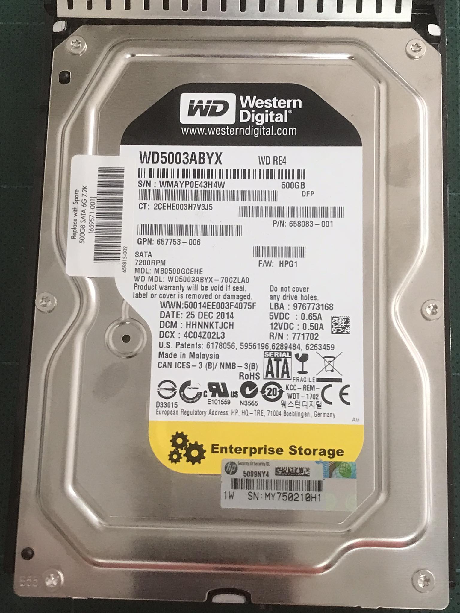 HP / WD 500GB 7.2K 6G MDL NHP SATA 3.5 LFF Simple Swap // 658083-001 / WD5003ABYX / GPN 657753-006 / MB0500GCEHE / TRAY 652998-001 (Used) // สินค้ารับประกัน โดย บริษัท อะไหล่เซิร์ฟเวอร์ จำกัด