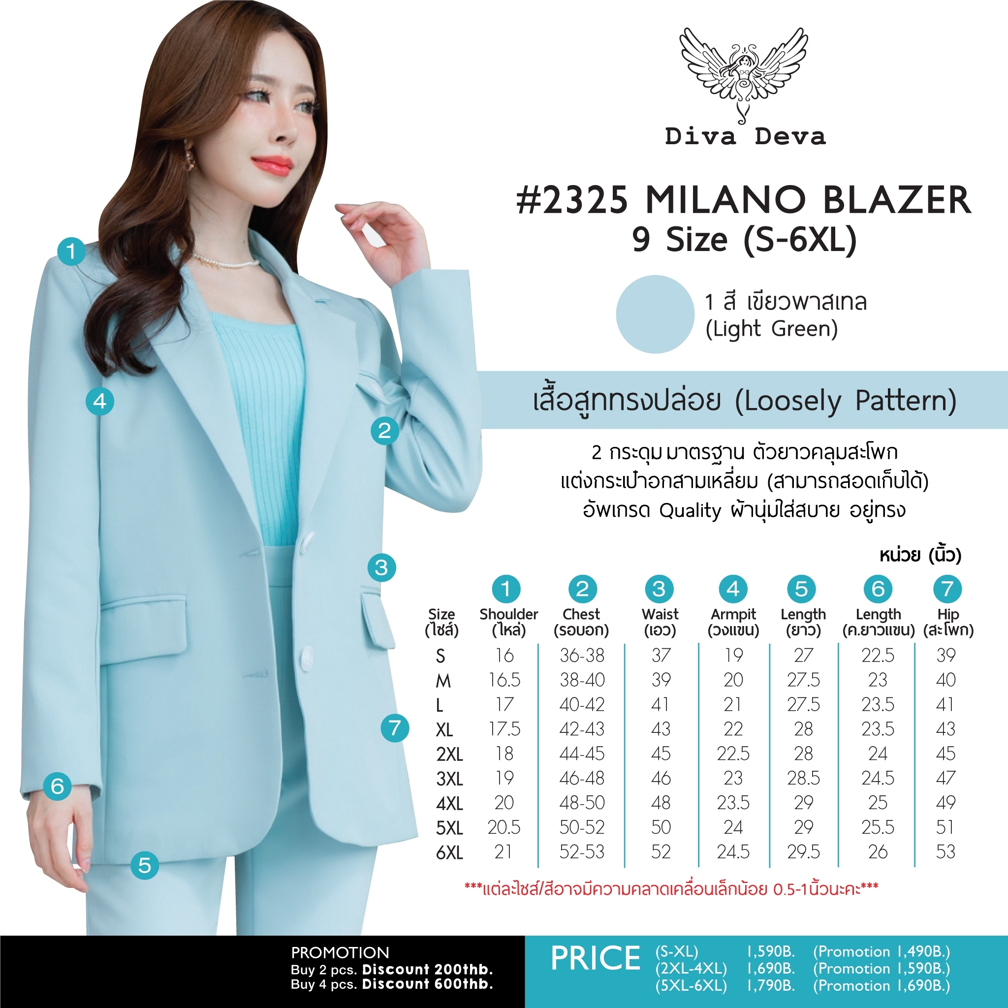 NO.2325 Milano เสื้อสูทผู้หญิงทรงปล่อยสีเขียวมินท์S-6XL (เฉพาะเสื้อ) Loosely Pattern