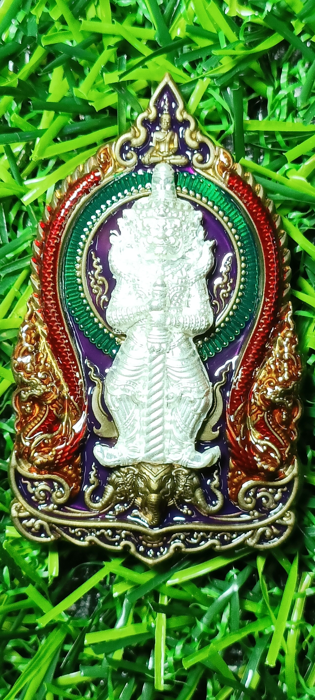 เหรียญท้าวเวสสุวรรณโณ #เจ้าสัวล้านนา วัดร่องคำหลวง จ.พะเยา เนื้อชนวนลงยา หน้ากากเงิน หลังลงยาพญานาค #ลังอุปถัมป์ หมายเลข๖