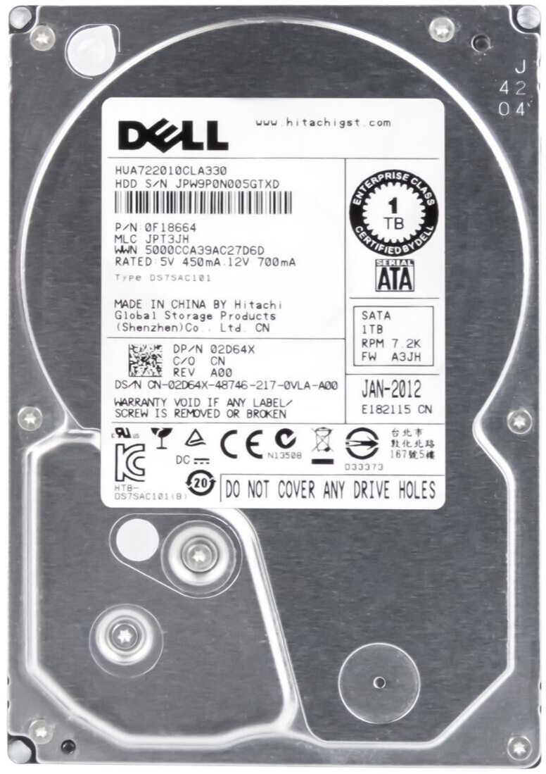 Dell 1TB 7.2K 3G SATA 3.5" 32MB HDD Hard Drive // 02D64X / HUA722010CLA330 / 0F18664 (Used) // สินค้ารับประกัน โดย บริษัท อะไหล่เซิร์ฟเวอร์ จำกัด