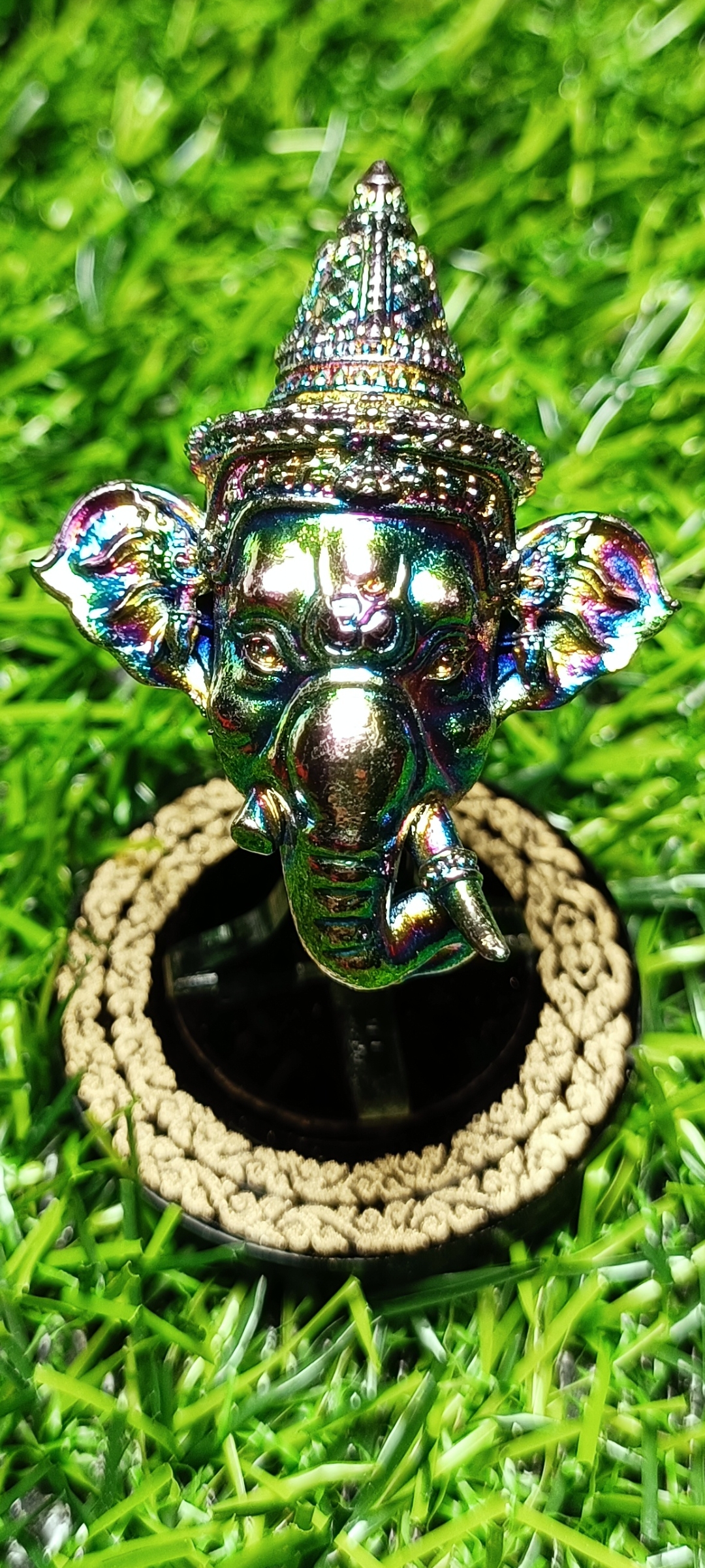 เศียรพระพิฆเณศประทานพร หลวงพ่อพัฒน์ วัดห้วยด้วน ปี 2565 เนื้อชุบไทเทเนียม หมายเลข๑๘๙