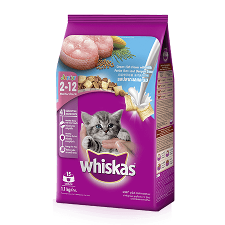 Whiskas Junior Ocean fish flavor with milk 450 g วิสกัส แบบเม็ด จูเนียร์ สำหรับลูกแมว รสปลาทะเลและนม ขนาด 450 กรัม
