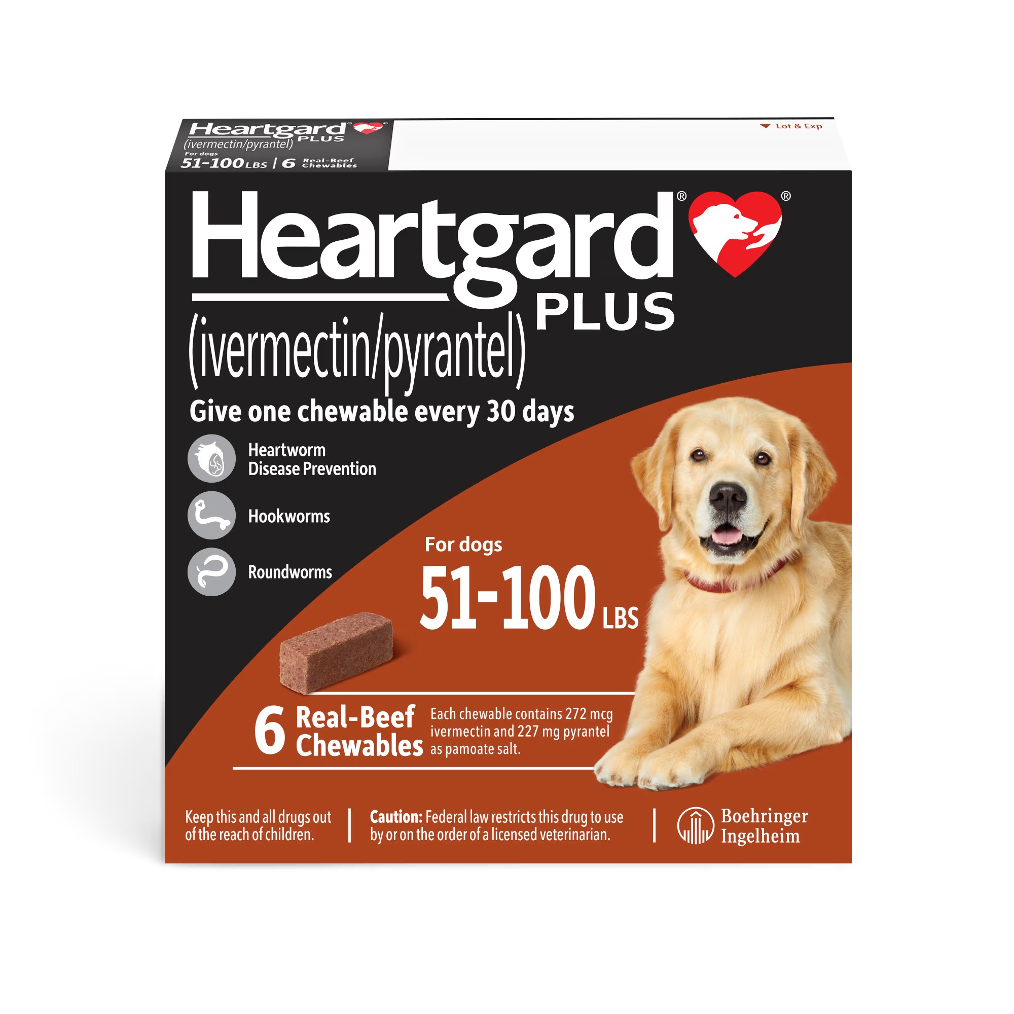 Heartgard Plus ยากินชนิดเคี้ยวสำหรับป้องกันโรคพยาธิหนอนหัวใจ รักษาและควบคุมพยาธิลำไส้ในสุนัข น้ำหนัก 23-45 กก.(51-100 ปอนด์)