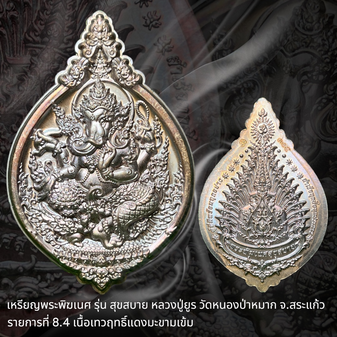 เหรียญพระพิฆเนศ รุ่น สุขสบาย หลวงปู่ยูร วัดหนองป่าหมาก จังหวัดสระแก้ว รายการที่ 8.4 เนื้อเทวฤทธิ์แดงมะขามเข้ม