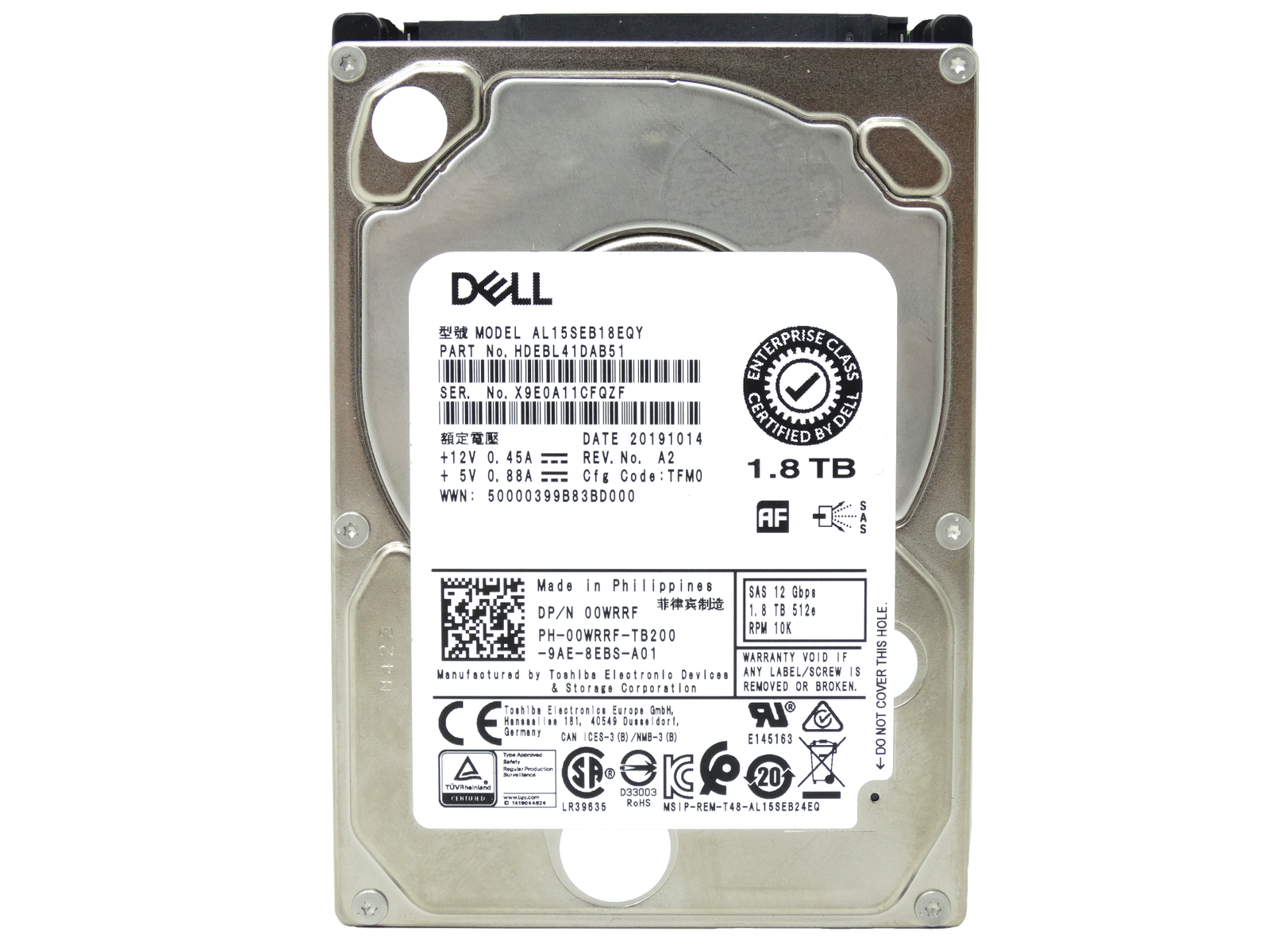 Dell 1.8TB 10K RPM SAS 12Gbps 512e 2.5" HDD Hard Drive , 00WRRF, 0WRRF, AL15SEB18EQY, (USED) สินค้ารับประกัน โดย บริษัท อะไหล่เซิร์ฟเวอร์ จำกัด