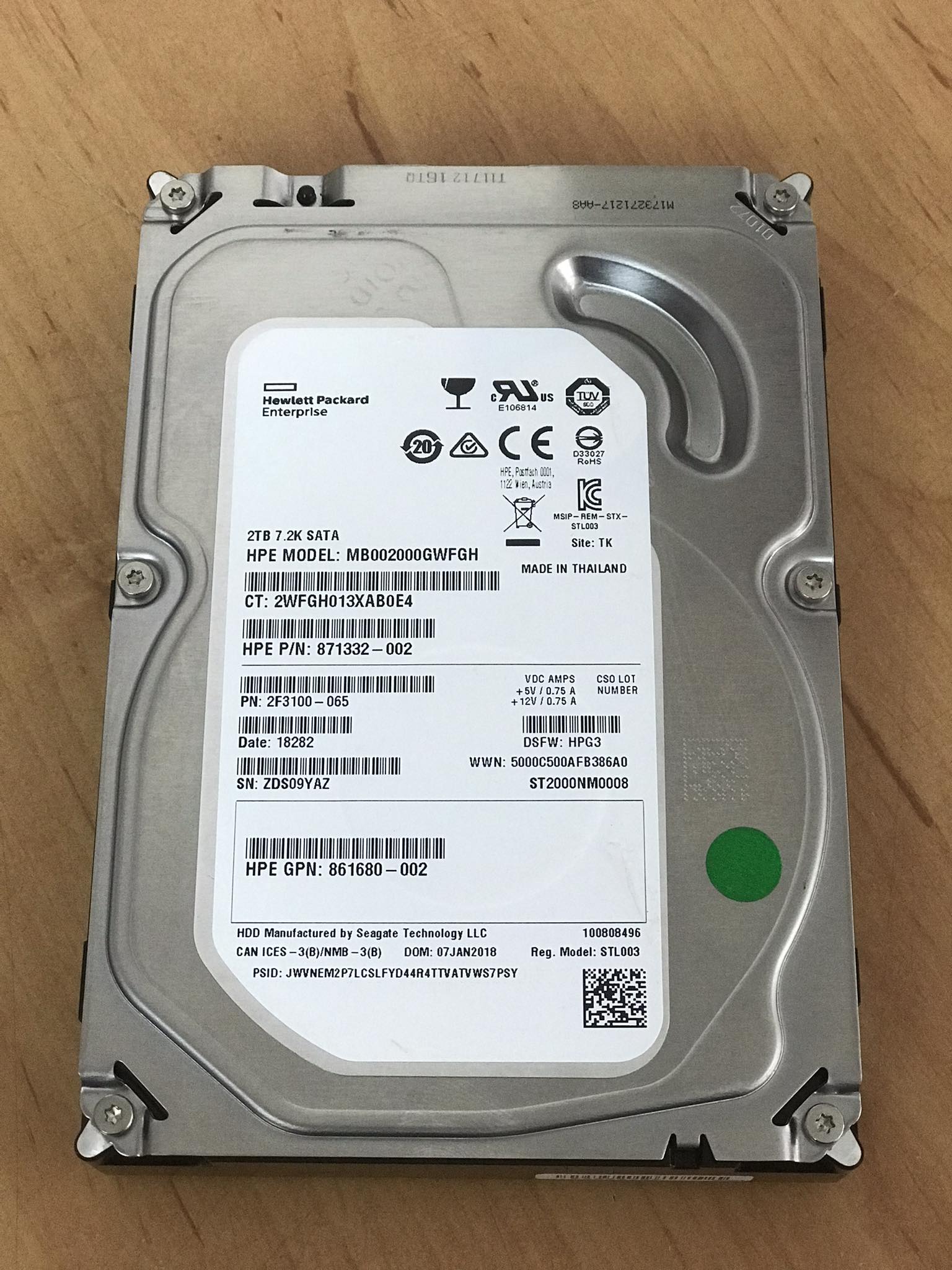 HP 2TB SATA 6G 3.5" DS Gen10 HDD , Hdd 871332-002, 2F3100-065, GPN 861680-002, MB002000GWFGH, ST2000NM0008 (Used) // สินค้ารับประกัน โดย บริษัท อะไหล่เซิร์ฟเวอร์ จำกัด