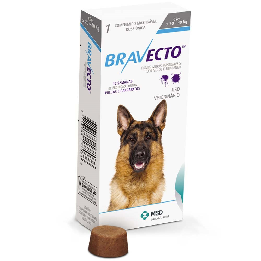 Bravecto chewable tablets 1000 mg for dogs 20-40 kg บราเวคโต ยาเม็ดสำหรับเคี้ยว เพื่อรักษาการติดเห็บ หมัดในสุนัขขนาดใหญ่ น้ำหนัก 20-40 กก.