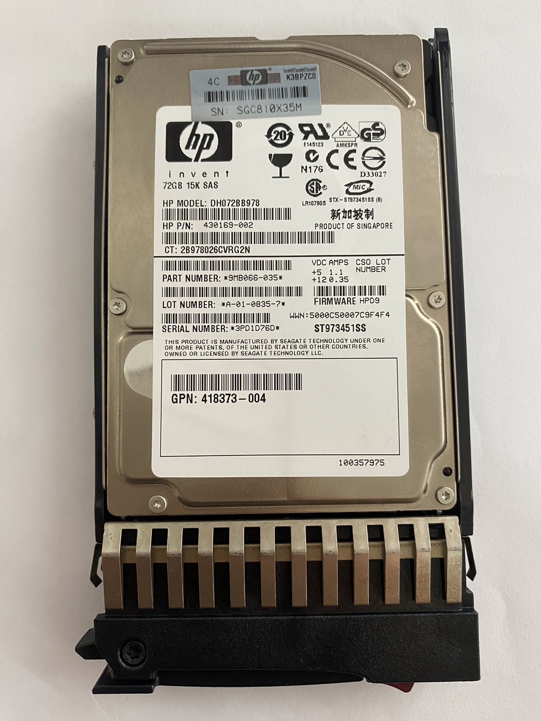 HP 72GB 15K SAS 3G 2.5" 16MB Cache // HDD 430169-002 / Tray 418398-001 / GPN 418373-004 / / DH072BB978 / ST73451SS / 9MB066-035 (Used) // สินค้ารับประกัน โดย บริษัท อะไหล่เซิร์ฟเวอร์ จำกัด