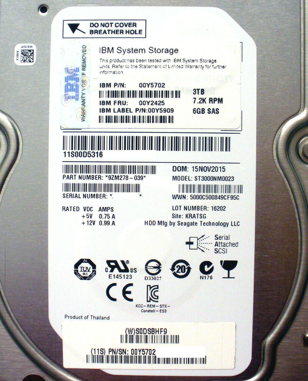 IBM 3TB 7.2K 6G SAS NL 3.5" Hard Disk // FRU 00Y2425 / 00Y5909 / 00Y5702 , ST3000NM0023 (Used) // สินค้ารับประกัน โดย บริษัท อะไหล่เซิร์ฟเวอร์ จำกัด
