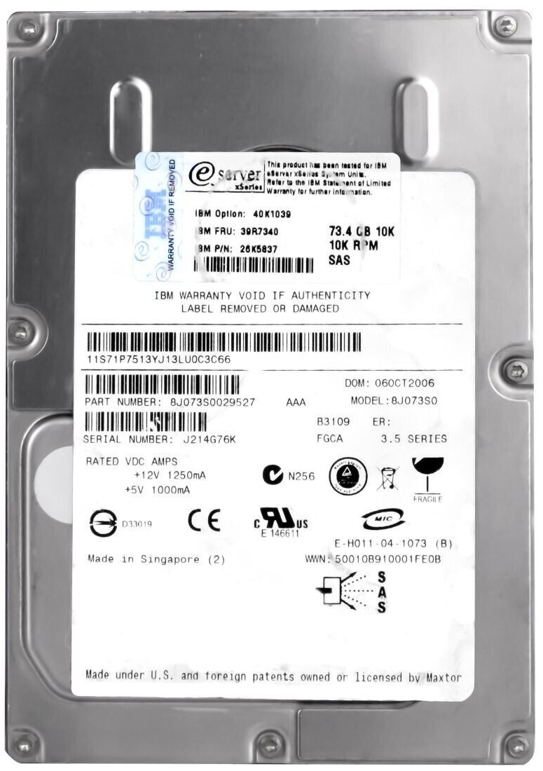 IBM 73GB 10000U/Min 16MB Cache SAS 3.5 " Inch Hard Drive // 39R7340 / 26K5837 / 40K1039 (Used) // สินค้ารับประกัน โดย บริษัท อะไหล่เซิร์ฟเวอร์ จำกัด