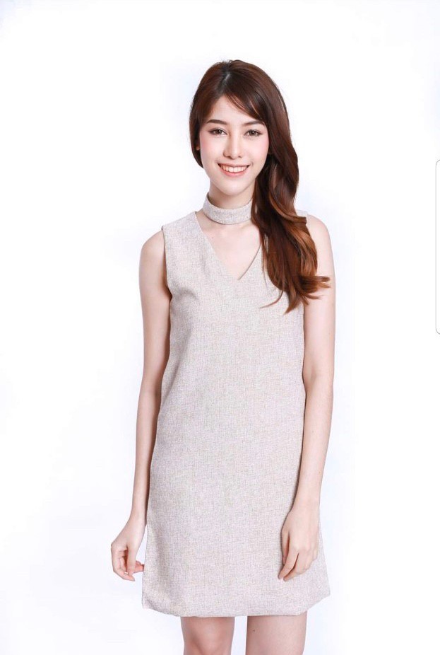 มินิเดรสผ้าทอ+โช็กเกอร์ V Neak Dress #5191