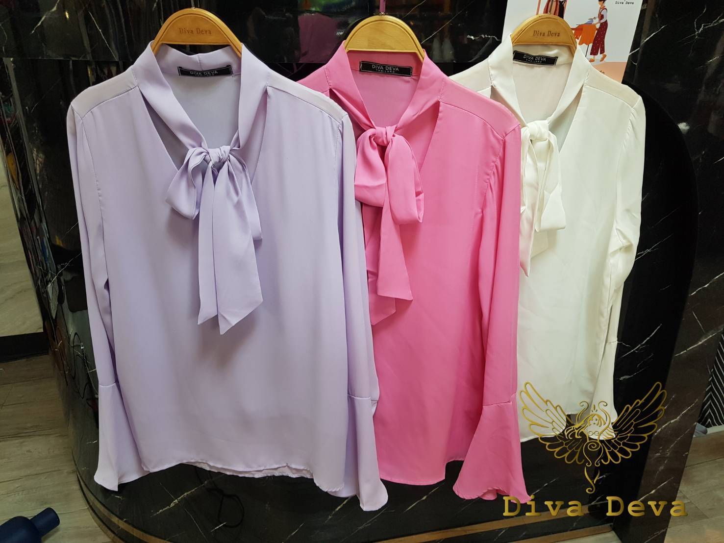 9001 Kim Shirt แขนระบาย ขาว/ม่วง/ชมพู (FreeSize)
