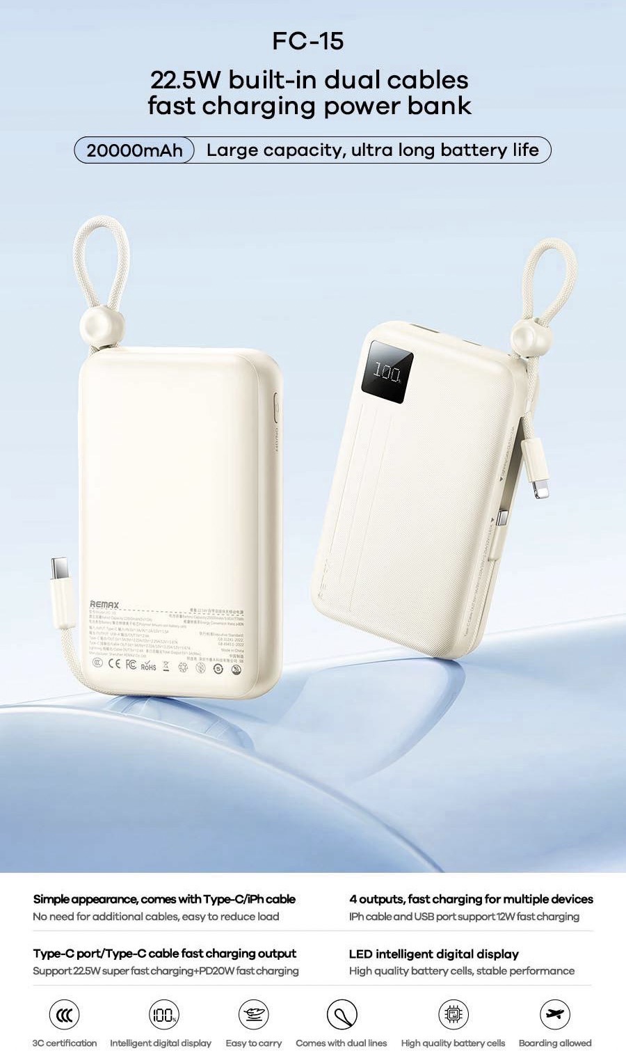 FC-15 22.5W BUILD-IN DUAL CABLES FAST CHARGING POWERBANK 20000mAh