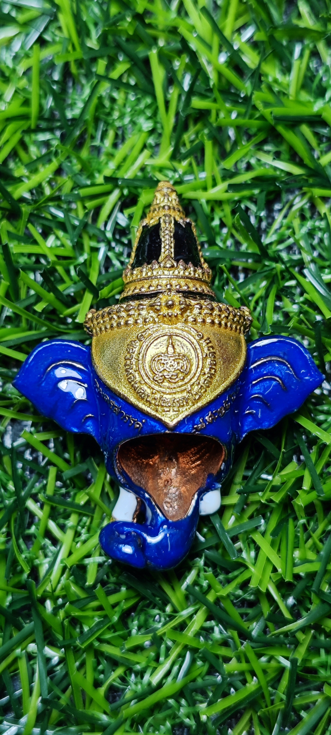 เศียรพระพิฆเณศประทานพร หลวงพ่อพัฒน์ วัดห้วยด้วน ปี 2565 เนื้อทองแดงลงยาน้ำเงิน หมายเลข๓๒