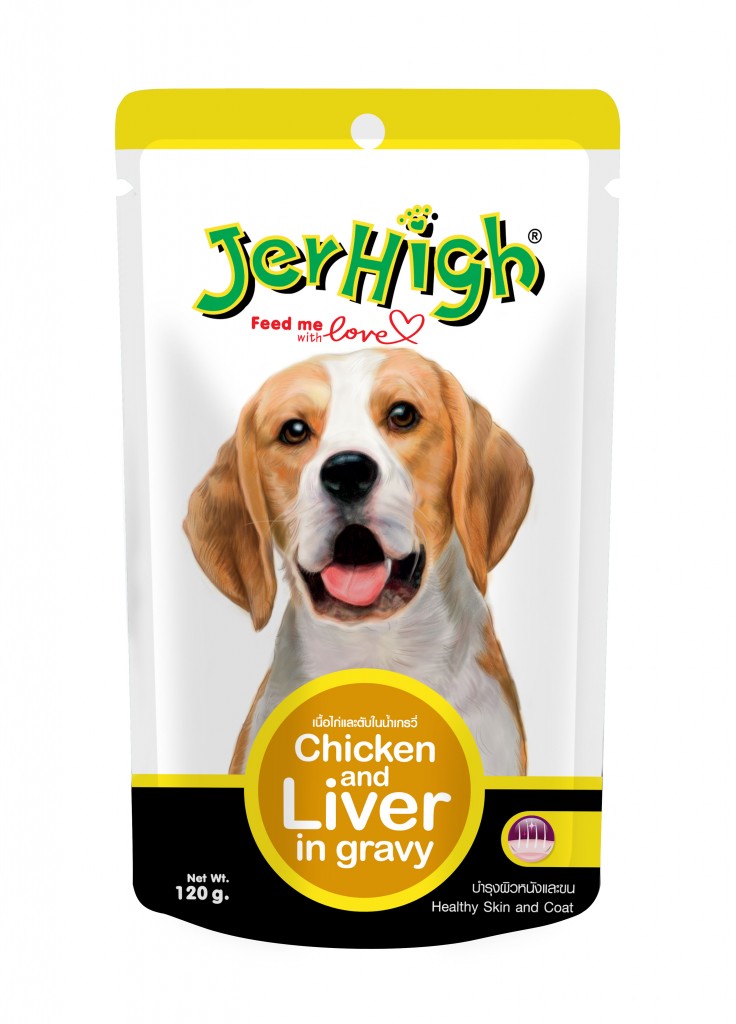 Jerhigh chicken & liver in gravy pouch 120 g เจอร์ไฮ เนื้อไก่และตับ ในน้ำเกรวี่ แบบซอง 120 กรัม สูตรบำรุงผิวหนังและขน