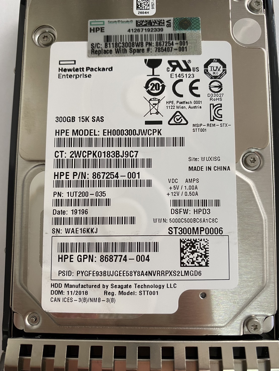 HP 300GB 15K 12G SAS 2.5" SC DS Hard Drive No Tray // HDD 867254-001 / GPN 868774-004 / EH000300JWCPK / 1UT200-035 / ST300MP0006 (Used) // สินค้ารับประกัน โดย บริษัท อะไหล่เซิร์ฟเวอร์ จำกัด