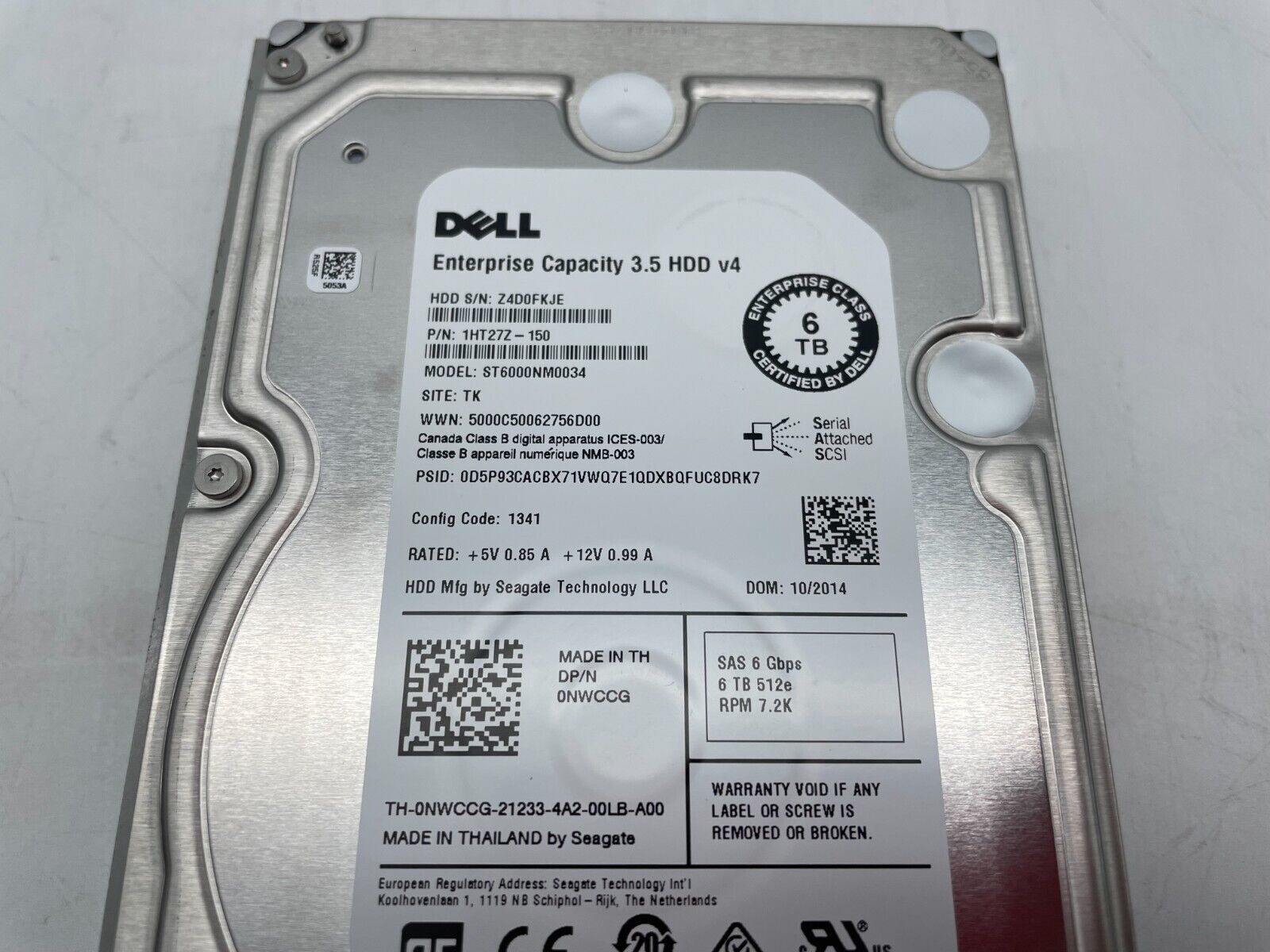 Dell 6TB 7.2K SAS 6Gb/s 3.5'' Hard Drive , 0NWCCG, ST6000NM0034, 1HT27Z-150 (USED) สินค้ารับประกัน โดย บริษัท อะไหล่เซิร์ฟเวอร์ จำกัด