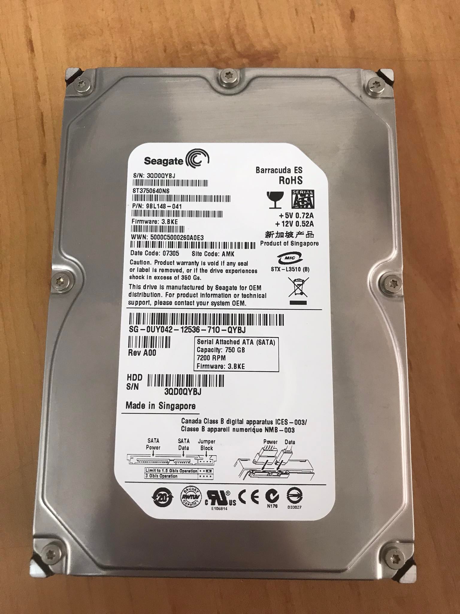 Dell / Seagate 750GB 7.2K 3G SATA 3.5" Hard Drive // 0UY042 / UY042 / ST3750640NS (Used) // สินค้ารับประกัน โดย บริษัท อะไหล่เซิร์ฟเวอร์ จำกัด