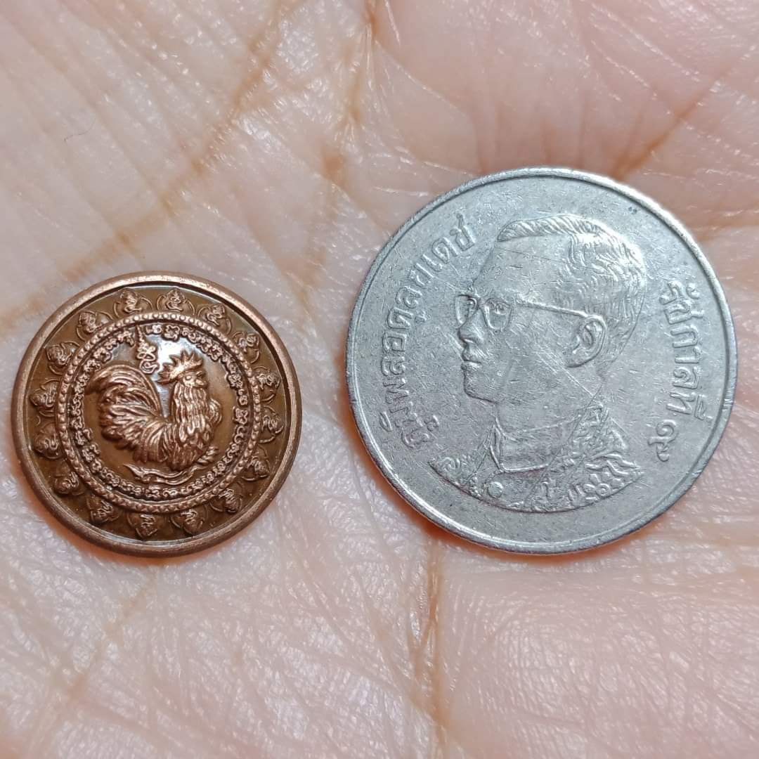 เหรียญไก่ฟ้ามหาลาภ (เม็ดกระดุมทองแดงซาติน) รุ่น อายุวัฒนมงคล ปี55 หลวงปู่สรวง วัดถ้ำพรหมสวัสดิ์