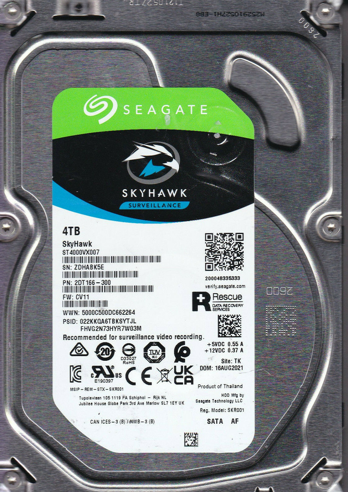 Seagate Skyhawk 4TB 7.2K 6G SATA 3.5'' Surveillance Video HDD Hard Drive // ST4000VX007 / 2DT166-300 (Used) // สินค้ารับประกัน โดย บริษัท อะไหล่เซิร์ฟเวอร์ จำกัด