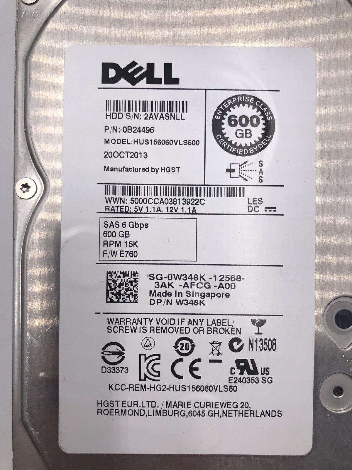 Dell 600GB 15K SAS 6G 3.5" Hard Drive // 0W348K / HUS156060VLS600 / 0B24496 (Used) // สินค้ารับประกัน โดย บริษัท อะไหล่เซิร์ฟเวอร์ จำกัด