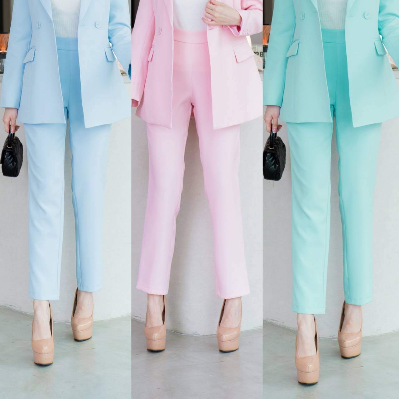 No.2349-2 กางเกงผู้หญิงขายาวกระบอกเล็ก สีเขียวอ่อน/สีชมพูอ่อน/สีฟ้าอ่อน