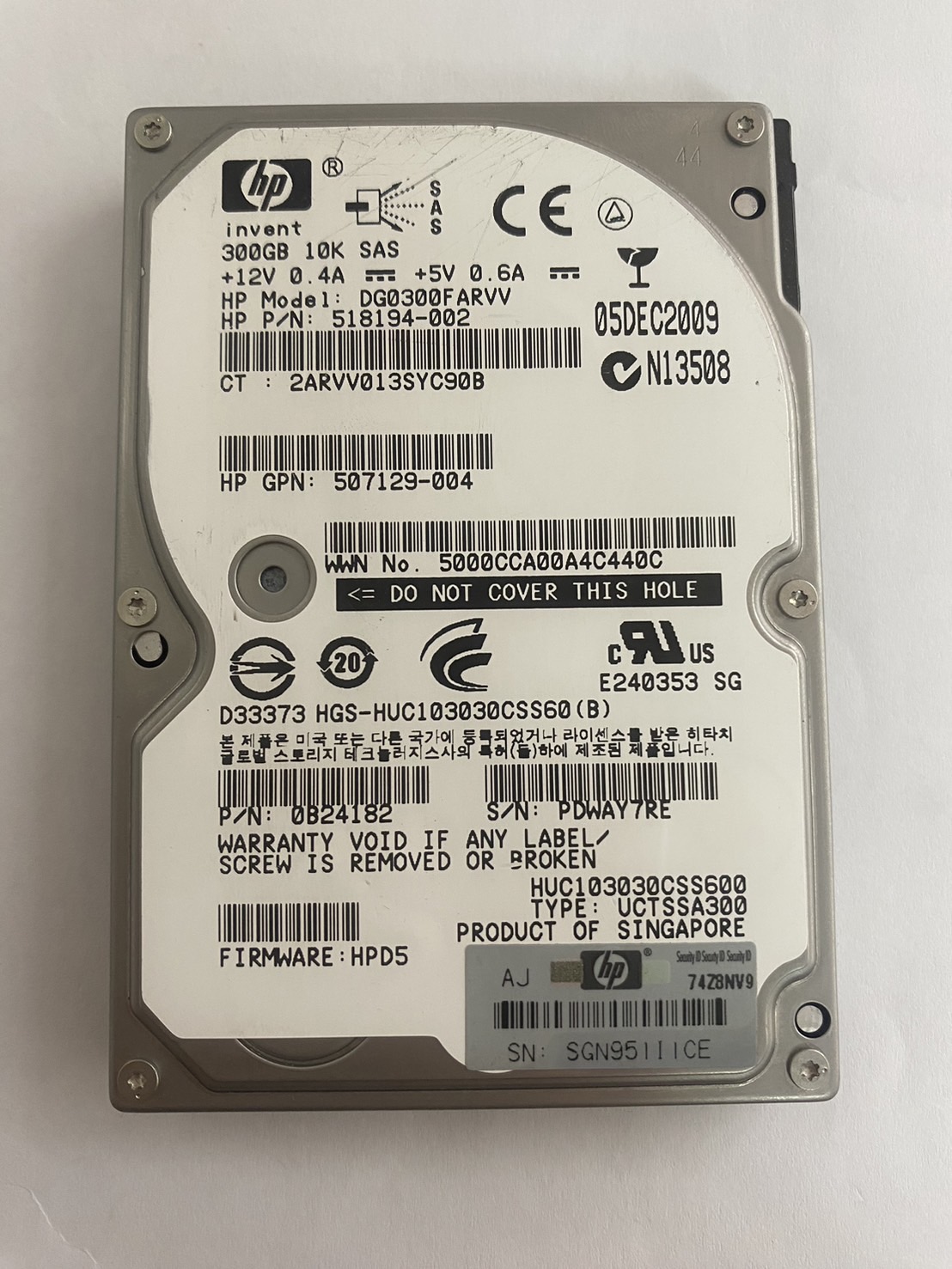 HP 300GB 10K 6G SAS 2.5'' Hard Drive // HDD 518194-002 / GPN 507129-004 / 0B24182 / DG0300FARVV / HUC103030CSS600 (Used) // สินค้ารับประกัน โดย บริษัท อะไหล่เซิร์ฟเวอร์ จำกัด