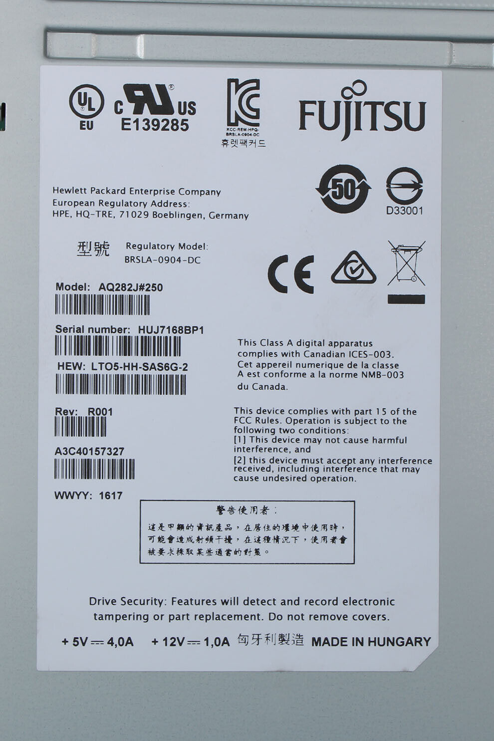 Fujitsu / HPE LTO-5 Tape Drive // LTO5-HH-SAS6G-2 // AQ282J#250 // A3C40157327 (Used) // สินค้ารับประกัน โดย บริษัท อะไหล่เซิร์ฟเวอร์ จำกัด