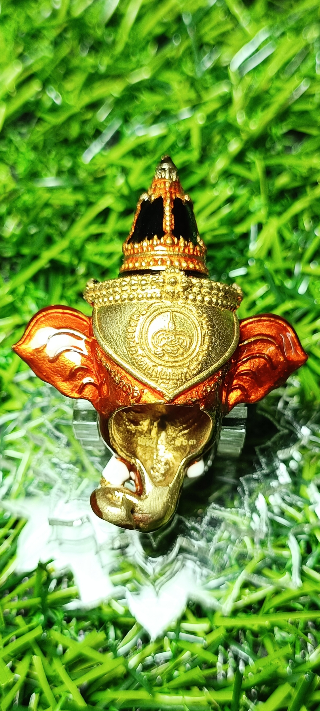 เศียรพระพิฆเณศประทานพร หลวงพ่อพัฒน์ วัดห้วยด้วน ปี 2565 เนื้อทองทิพย์ลงยาส้ม หมายเลข๑๖๓