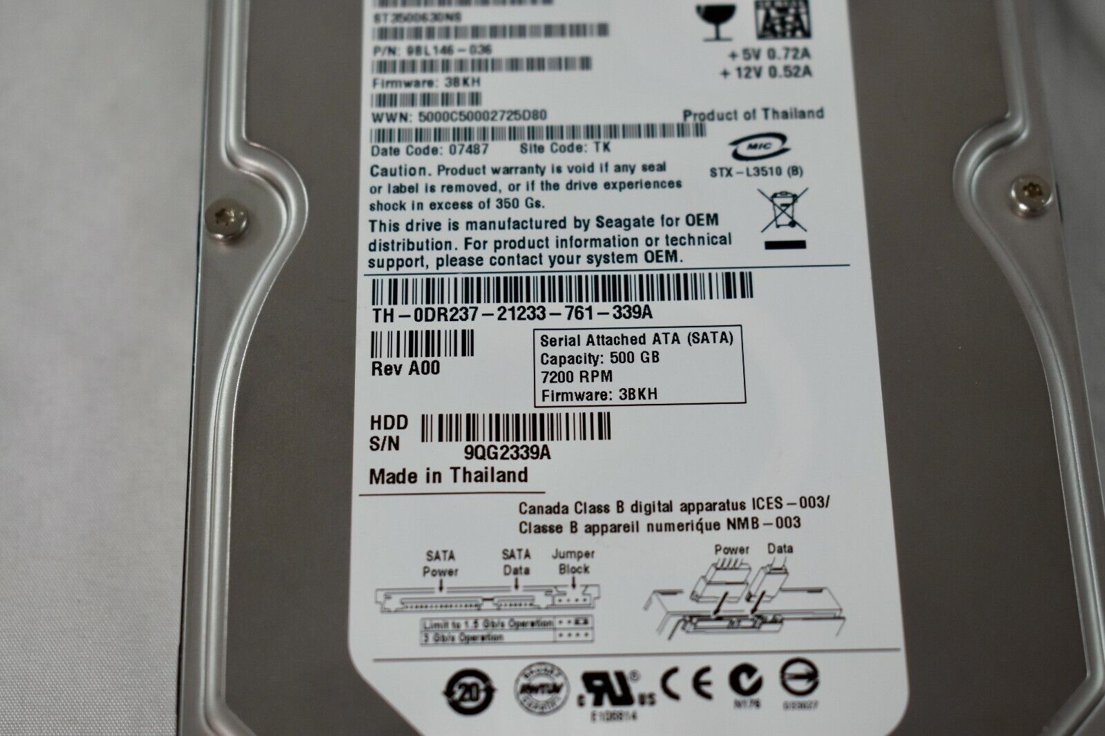 DELL / Seagate 500GB 7.2K 3.5" SATA HDD / 9BL146-036 / 0DR237 / ST3500630NS (Used) // สินค้ารับประกัน โดย บริษัท อะไหล่เซิร์ฟเวอร์ จำกัด