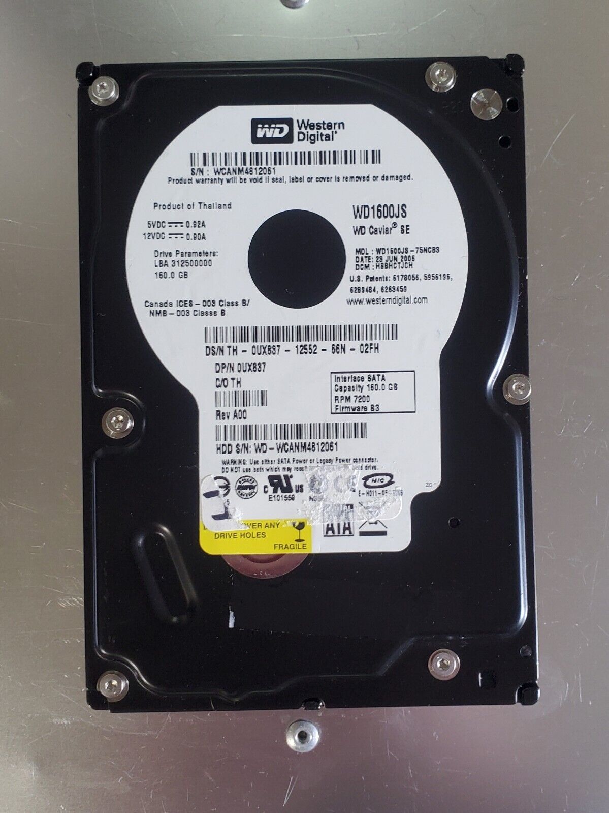 Dell / Western Digital WD Caviar SE Hard Drive 3.5" 160GB SATA HDD // 0UX837 / WD1600JS (Used) // สินค้ารับประกัน โดย บริษัท อะไหล่เซิร์ฟเวอร์ จำกัด