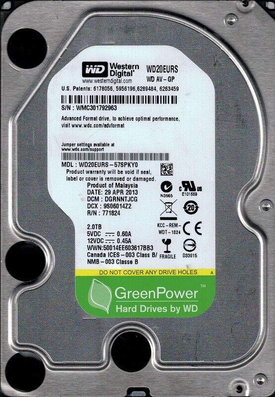 Western Digital Green Power 2TB 5.4K RPM 3.5" SATA // WD20EURS-63S48Y0 (Used) // สินค้ารับประกัน โดย บริษัท อะไหล่เซิร์ฟเวอร์ จำกัด