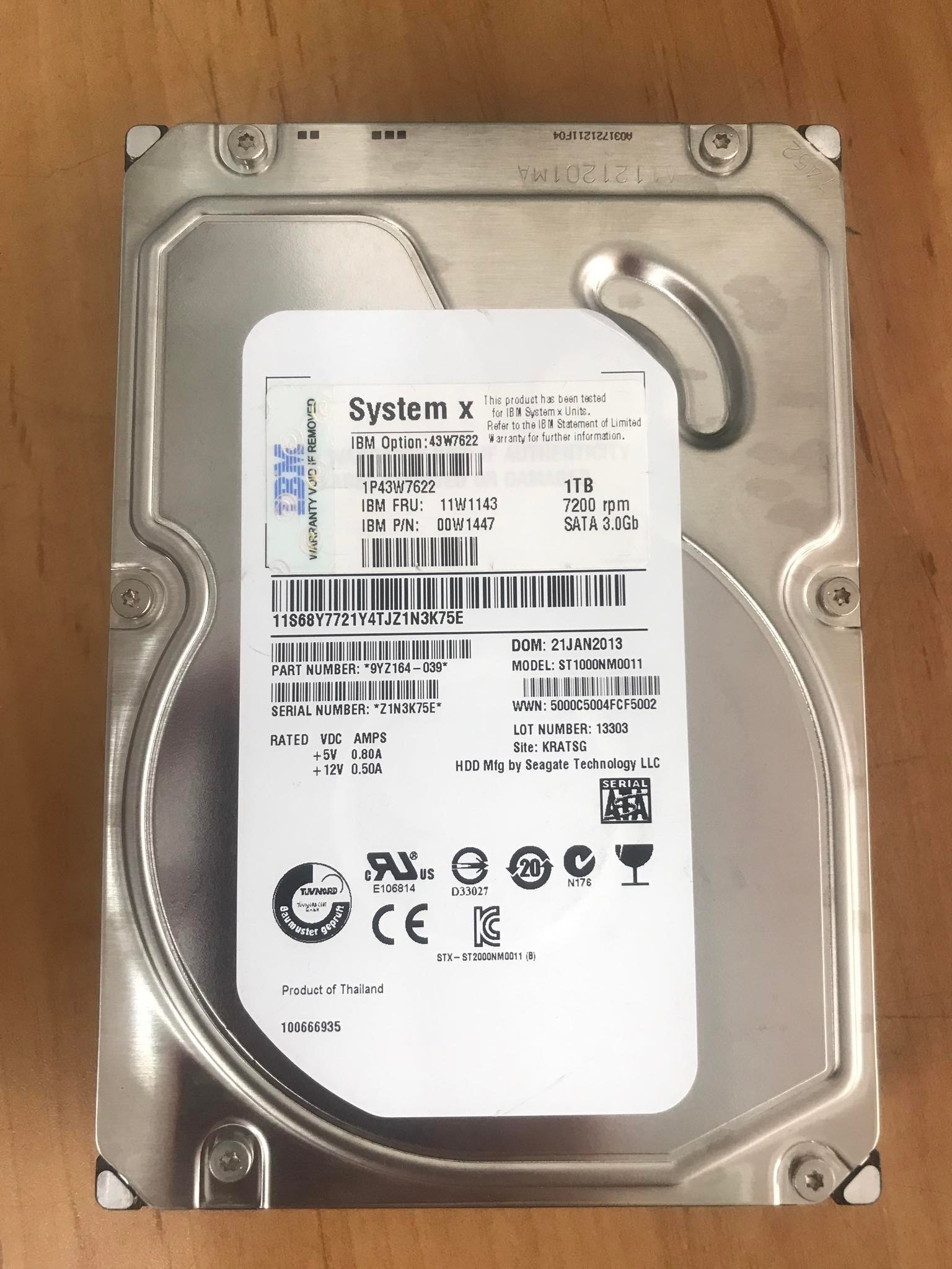 IBM 1TB 7.2K 3G SATA 3.5" HDD Hard Drive // FRU 11W1143 / 00W1447 / 43W7622 / ST1000NM0011 (Used) // สินค้ารับประกัน โดย บริษัท อะไหล่เซิร์ฟเวอร์ จำกัด