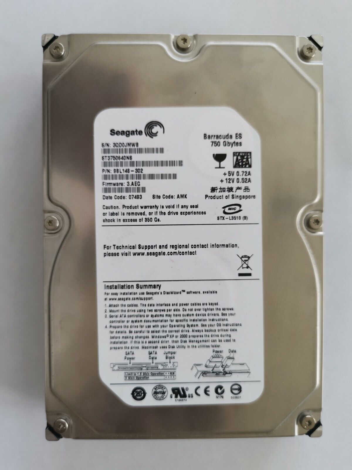 Seagate 750GB 7.2K Sata 3.5" HARD DRIVE // P/N:9BL148-302 / ST3750640NS (Used) // สินค้ารับประกัน โดย บริษัท อะไหล่เซิร์ฟเวอร์ จำกัด