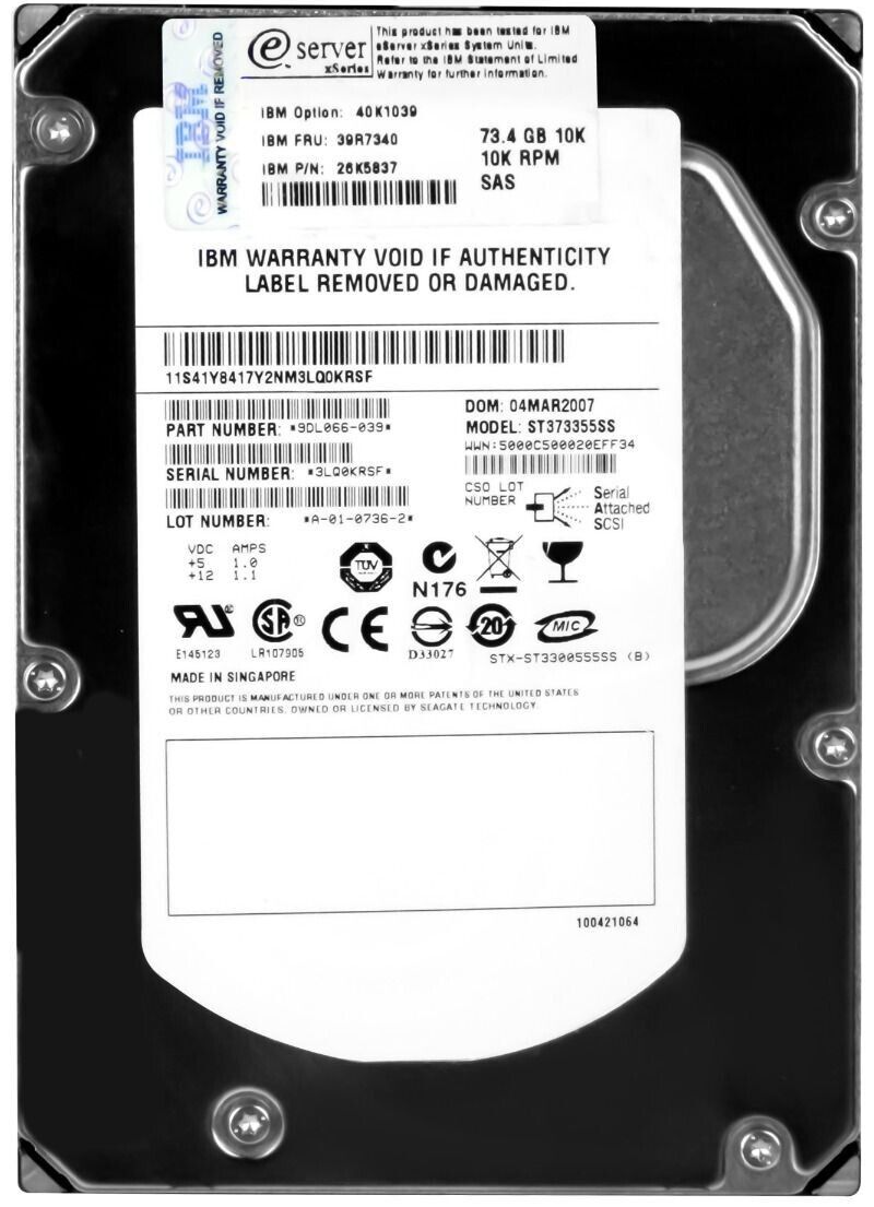 IBM 73GB 10000U/Min 16MB Cache SAS 3.5 " Inch Hard Drive // 39R7340 / 26K5837 / 40K1039 (Used) // สินค้ารับประกัน โดย บริษัท อะไหล่เซิร์ฟเวอร์ จำกัด