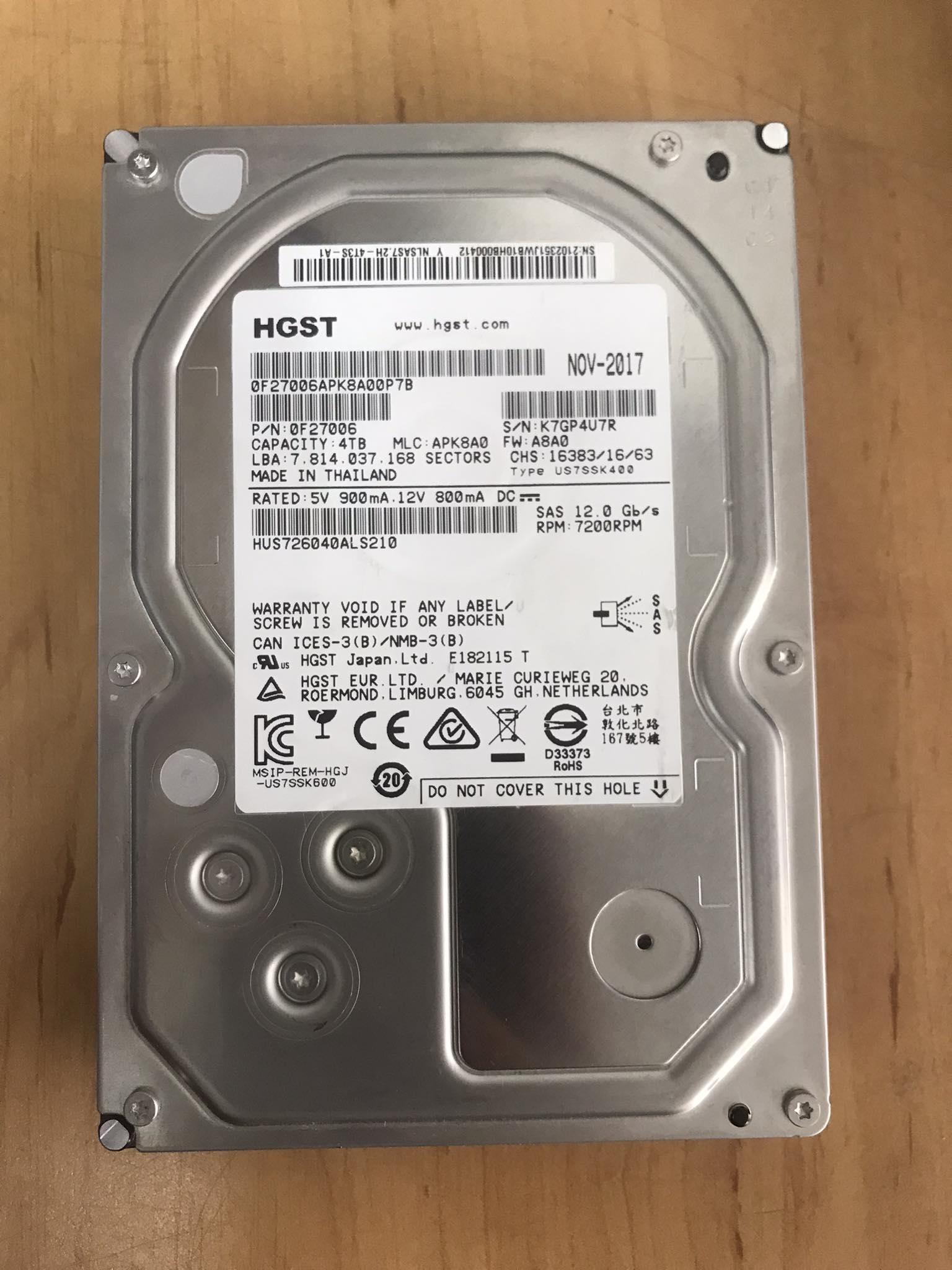 HGST 4TB 7.2K SAS 12GB/s 3.5" HDD Hard Drive // HUS726040ALS210 / 0F27006 (Used) // สินค้ารับประกัน โดย บริษัท อะไหล่เซิร์ฟเวอร์ จำกัด