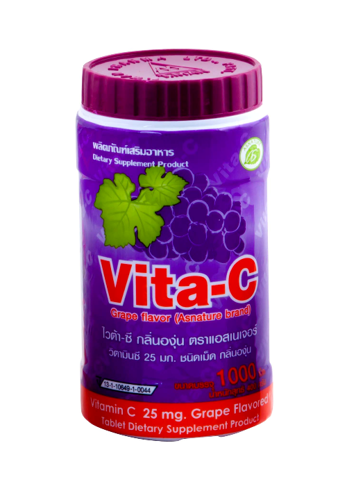 Vita-C 25mg. (รสองุ่น) 1000 เม็ด/กระปุก 维C含片（葡萄味）